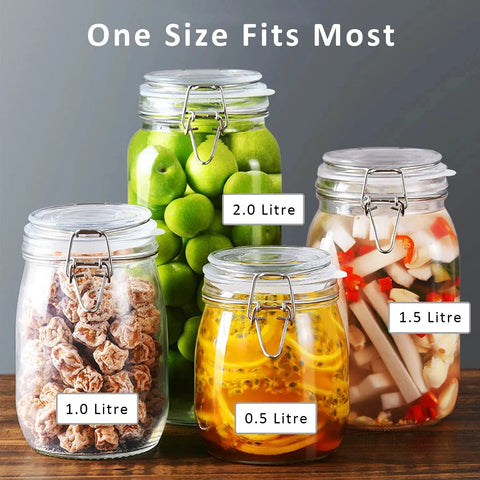 Four glass jars with metal clasps filled with various foods including fruit, marked 0.5 to 2.0 liters, showcasing size flexibility.