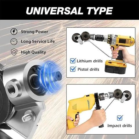 Plate Cutter Attachment For Electric Drills For Sheet Metal Cutting Easy To Install Neat And Accurate Metal Trim Cutter shown with drills
