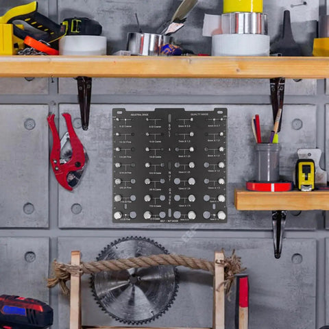 Aluminum Alloy Thread Checker Bolt Nut Identifier Board With 28 Holes For Metric And SAE Threads displayed on workshop wall.