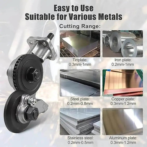 Plate Cutter Attachment For Electric Drills For Sheet Metal Cutting with cutting range for various metals displayed.