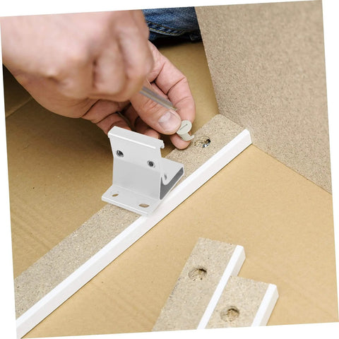 Heavy Duty Sliding Door Roller Track Guide Rail Brackets Stainless Steel Side Hang Buckle Hardware For DIY Home Renovation Built To Take A Beating Durable Quiet Smooth Operation And Easy Install For Interior Exterior Doors being installed on wooden surface