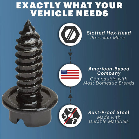 Close-up of Rustproof Black License Plate Screws Kit For Front And Rear Plates Stainless Steel Bolts For Domestic Vehicles 4 Pack, showing slotted hex-head design.