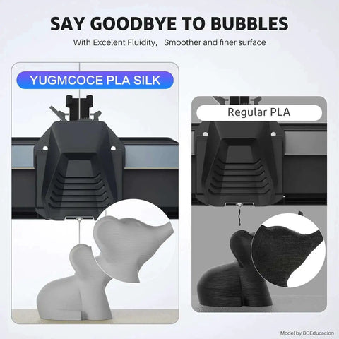 Comparison of 3D prints using YUGMCOCE PLA Silk and Regular PLA, showing smoother finish with Silk PLA Filament 1.75mm Black Metallic Gloss.