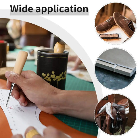 "Pro Grade Beefed Up Leather Sewing Kit For Hand Stitching With Durable Needles, waxed thread, awl shown in use for DIY projects."