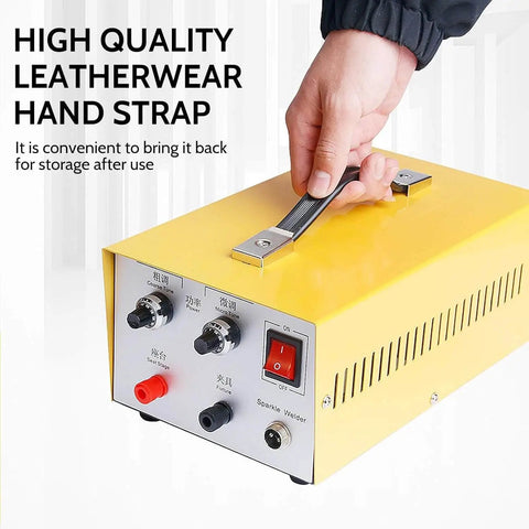 Person holding the handle of a 30A Jewelry Spot Welder For Gold Silver Platinum And Steel Necklaces, showing front panel controls.