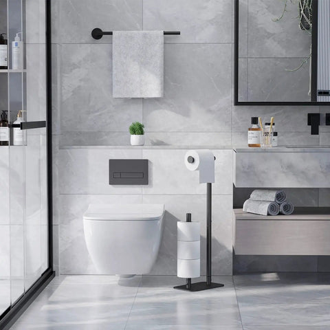 Free Standing Toilet Paper Holder With Four Roll Capacity, Rustproof Metal Stand, Non-Slip Stable Base, Black Finish in modern bathroom