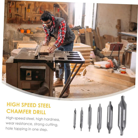 Woodworker using a lathe in workshop with High Speed Steel Center Drill Bit Set With 60 Degree Chamfering for precision drilling.