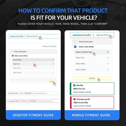 Desktop and mobile fitment guide for confirming vehicle compatibility on Amazon.