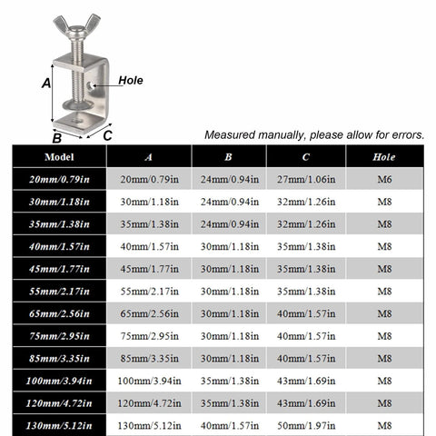 Begot 130mm 304 stainless steel C-clamp with wide jaw and wing bolts for welding and carpentry