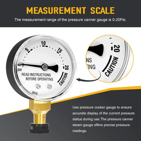 Pressure canner steam gauge replacement with 0-20 psi dial, brass stem and chrome bezel.