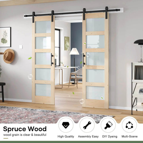 Double 24x84 Inch Glass Sliding Barn Door Slab With 8 Foot Hardware Kit Included 5 Panel Frosted Glass Spruce Wood Support DIY Dyeing Ready Easy Assembly Rustic Modern Interior Door For Hallway Or Bedroom installed view