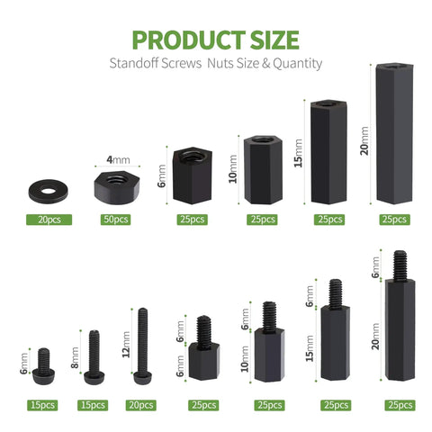 Chart of 320 Piece M2 Nylon Hex Spacer Standoff Kit With Male And Female Screws Nuts And Spacers Black Durable Nylon Includes Plastic Case Easy To Install Great For Electronics DIY Projects showing sizes and quantities.