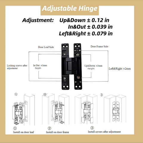 Hidden Door Hinge Set Two Pack 6 Inch Concealed Butt Hinges With 180 Degree Matte Black Swing And 3 Way Adjustable Zinc Alloy Construction For Heavy Duty Installations Tough As Nails Built To Last Riyhch diagram showing hinge measurements and adjustments.