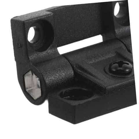 Close-up of black high strength plastic cabinet door hinge with adjustable torque friction for kitchen, bathroom, office desks.