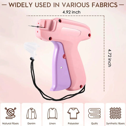 Clothes Stitch Gun Quick Fixer Kit For Easy DIY Mending And Tagging, Pro Grade Sewing Tool, pink and purple, dimensions shown.