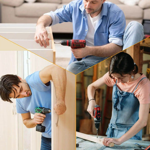People using drills for furniture assembly, depicting everyday use of 110 Piece M6 Hex Socket Head Cap Screw Kit For Cribs And Bunk Beds Replacement Hardware With Assorted Lengths 35 45 55 65 80 Mm Built For Delta Cots And Everyday Furniture Fixups.