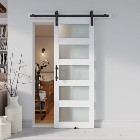 White Glass Barn Door Slab 28 By 84 Inches With Frosted Glass installed in interior with included hardware kit and handle.