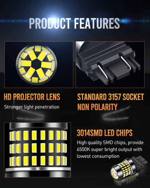 Product features of Xenon White 3157 LED Bulbs featuring HD projector lens and 3014 SMD LED chips with standard socket.