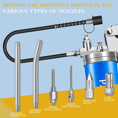 All In One Built Tough Heavy Duty 8000 PSI Pistol Grip Grease Gun Kit With 14 Oz Cartridge showing nozzles and hoses.