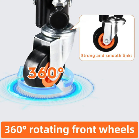 360° rotating front wheels of Folding Hand Truck For Heavy Lifting And Moving Luggage Shopping Office Travel with durable steel frame.