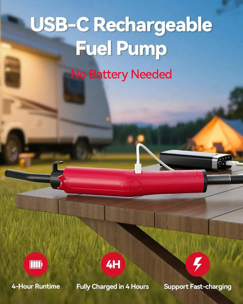USB C Rechargeable Fuel Transfer Pump 3 GPM Portable Siphon With Leakproof Hose shown on camping table with RV background