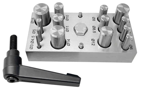 14 Piece Circle And Round Disc Cutter Set One Eighth Inch To Five Eighth Inch for Jewelry Making Tool, view of cutter punches and base