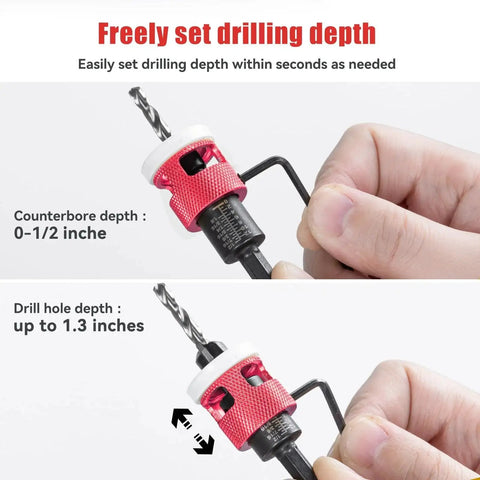 Close-up of Pro Grade 5 Piece Countersink Drill Bit Set showing depth adjustment features with measurements.