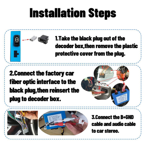 LEXXSON optic fiber decoder module in blue with wiring harness, installation steps diagram