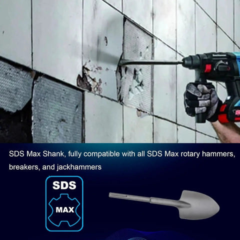 18 Inch SDS Max Clay Spade in use with jackhammer for concrete demolition, 40Cr alloy steel shank, SDS Max compatible