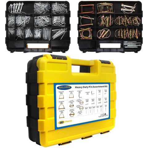 367 Piece Heavy Duty Hitch Pin Kit With R Clips Hair Pins Lynch Pins PTO Pins Cotter Pins Clevis Pins in yellow case
