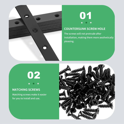 Heavy Duty Black Mending Plate And Straight Brackets Set For Wood And Furniture Repair, Durable Alloy Steel Fixing Bracket Connectors With Countersunk Screw Holes And Screws