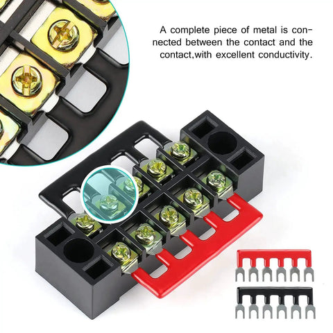 Dual Row Screw Terminal Blocks Set With Covers For Easy Wiring, 8 Sets Of 3 To 6 Positions, 600V 15A Rating, Black, Red Jumpers