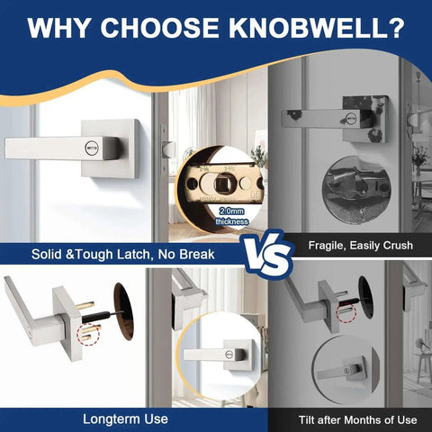 Comparison of durable Three Pack Satin Nickel Privacy Door Levers for interior doors and competitor showing latch strength and longevity.