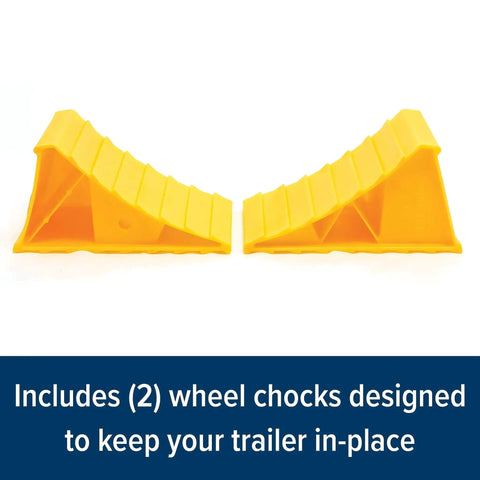 RV Wheel Chocks 2 Pack Heavy Duty Keeps Trailer In Place Up To 26 Inches, yellow plastic chocks, side by side view