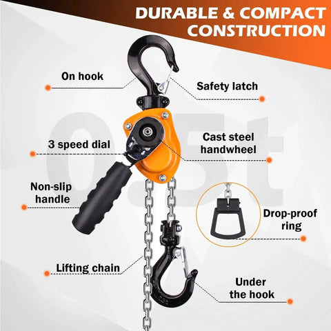 0.5 Ton Mini Lever Block Chain Hoist With G80 Chain And Hook 6M Lift showing lifting chain, 3 speed dial, safety latch, and handwheel
