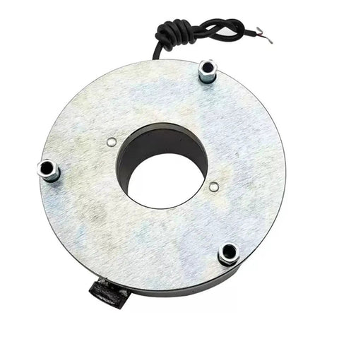 Round silver metal motor holding brake mounting plate with central bore, three mounting holes and attached wiring.