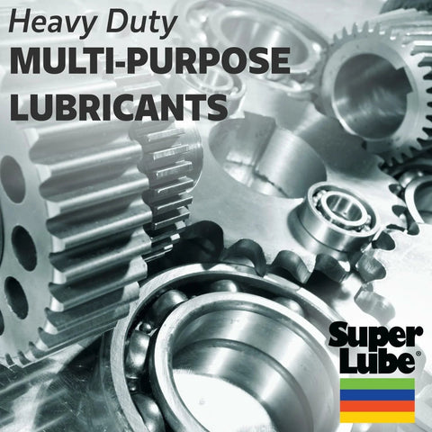 Super Lube heavy-duty multi-purpose lubricant image with gears and bearings; brand logo bottom right.