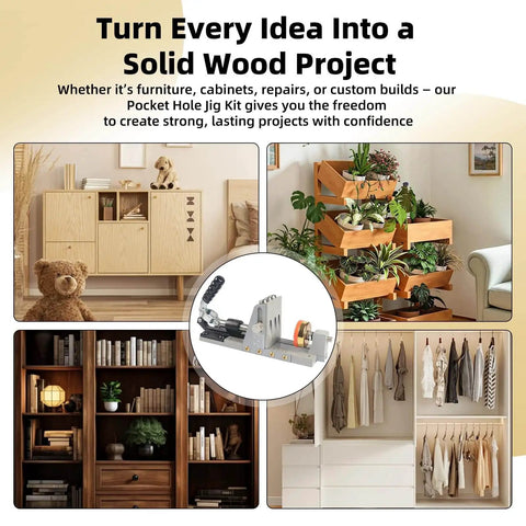 Pocket Hole Jig Kit Upgraded With Single Side Operation for Quick Woodworking in furniture and cabinetry projects.