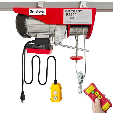 Two In One Electric Hoist Winch 1880lbs With 98ft Wireless And Wired Remotes in red, mounted on ceiling with controls visible