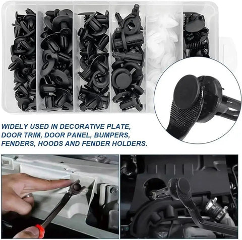100Pcs Box Set Bumper And Fender Liner Clips Kit With 6 Sizes Push Type Retainer Fasteners for Ford vehicles in use and packaging