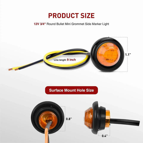 Product size details of 10 Pack Three Quarter Inch Round Mini Led Clearance Lights For Trucks RVs Rigs Buses Trailers Vans Caravans And Boats