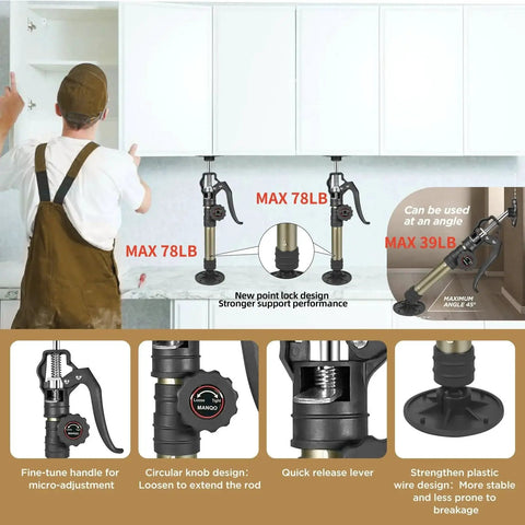 Worker using Cabinet Jacks 3rd Hand Pole Extends 12.6 To 23.6 In Supports 156 Lbs 2 Pack to install cabinets