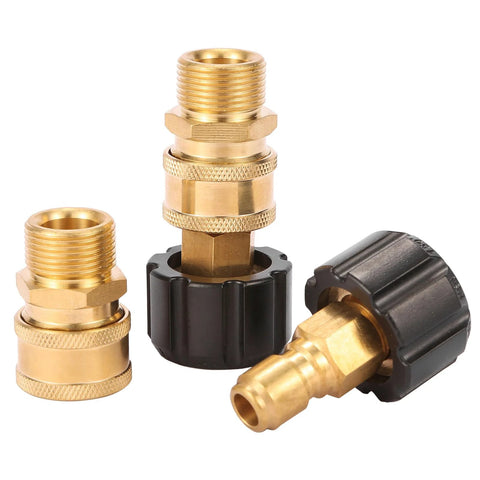 Sanpaint pressure washer quick-connect fittings, brass M22 14mm to 3/8 in, 2-piece kit with black plastic collar.
