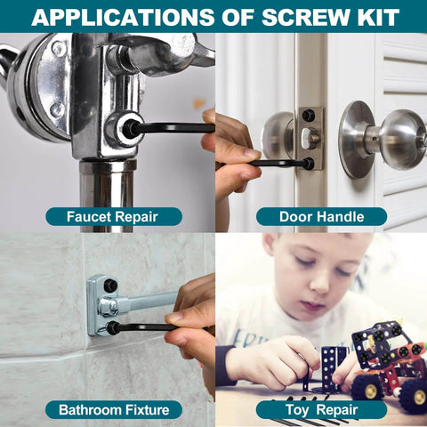 Applications of Set Screw Assortment Kit With 1211 Pieces Metric And SAE, used in faucet, door handle, bathroom fixture, toy repair