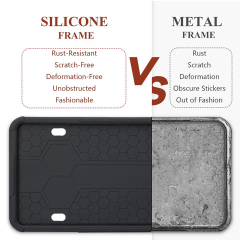 Comparison of Silicone License Plate Frame 2 Pack For Cars And SUVs with metal frame, highlighting rustproof and scratch-resistant features.