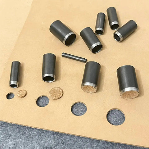 Leather Circle Cutter Set 31 Piece Circle Punch Kit With 1mm To 55mm Holes on leather, showcasing cutouts and steel punches