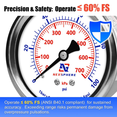 NexSphere pressure gauge, glycerin-filled, 2.5-inch dial, stainless steel case, 0–100 psi, 1/4 in NPT lower mount