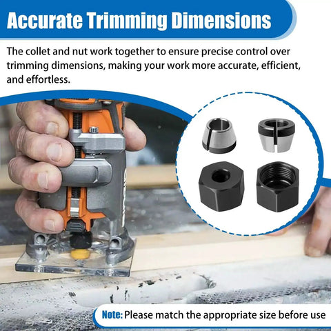 Router Collet Nut And Cone Sleeve Kit For Models R2400, R2401, R86044, R860443, with accurate trimming dimensions guide.