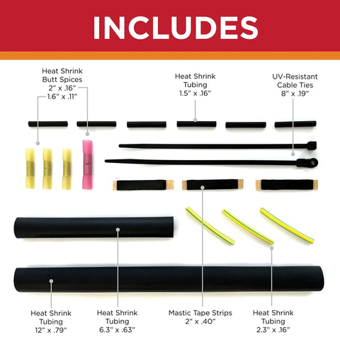 Universal Tee & Splice Kit (UL Listed) by Amazon; black heat-shrink tubing, yellow butt splices, UV cable ties.