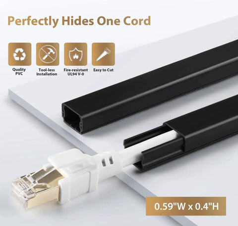 Cord Hider For One Wire 102 Inch Cable Concealer Paintable Wall Wire Covers PVC Cable Management Raceway Black Side View with Ethernet Cable